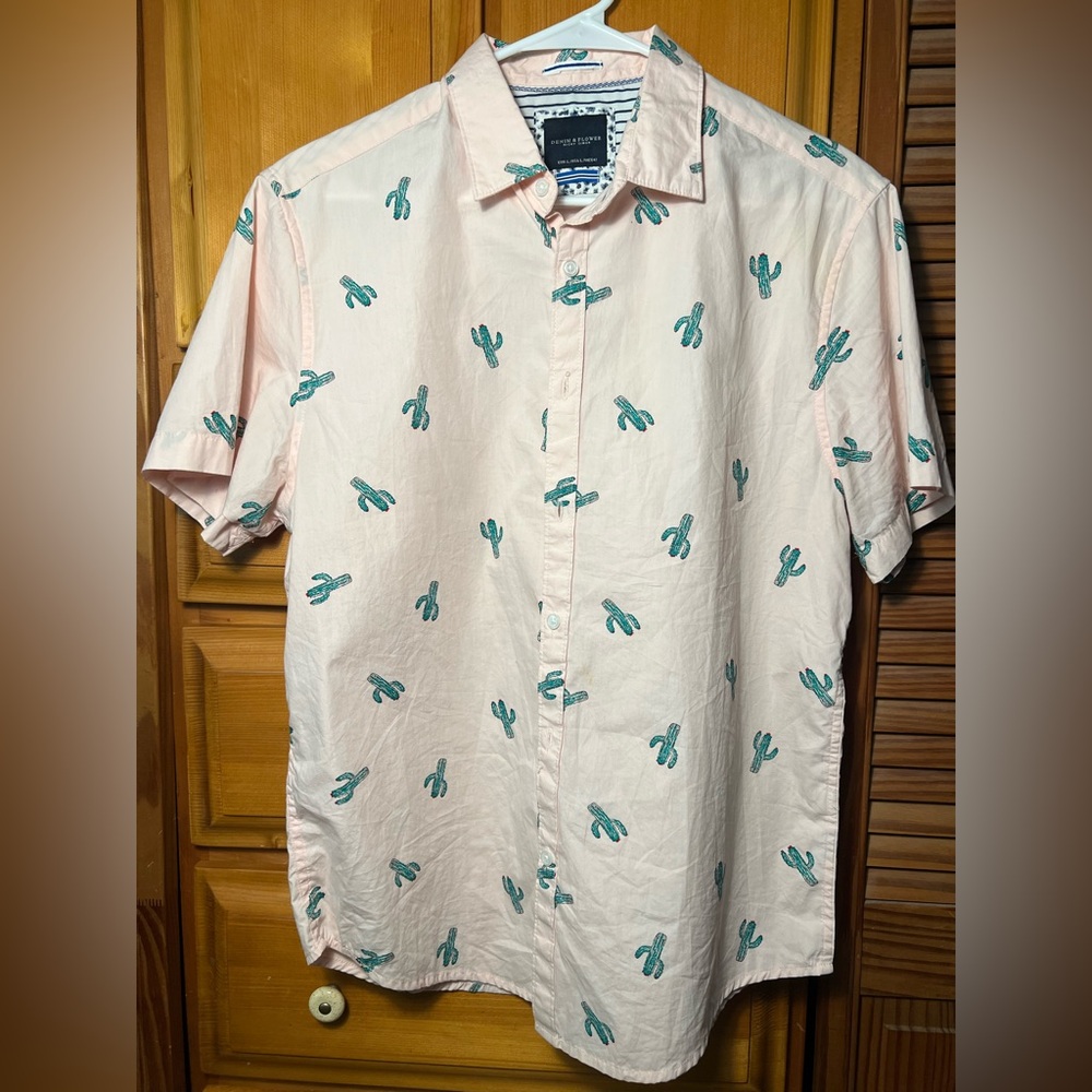 Denim & Flower Pink and Green Casual Button Down Shirt